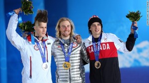  Staale Sandbech of Norway, gold medalist Sage Kotsenburg and bronze medalist Mark McMorris of Canada.