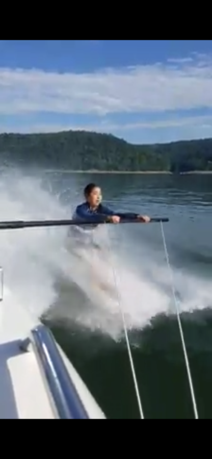 Junior, Isabella Depetris is having a blast water skiing at Youghiogheny River Lake during June at her lake house that she frequents often. Isabella grips onto the boon as she rides the waves!