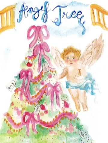 This graphic by Maria Fetters shows a replica of an Angel Tree with an "Angle" delivering tags.